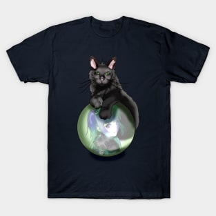 Black fluffy cat with a crystal ball T-Shirt